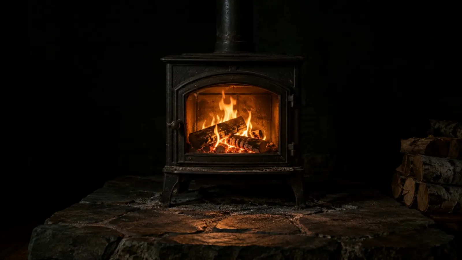 Illustrative cast-iron wood stove with firelight falling across a stone hearth at night